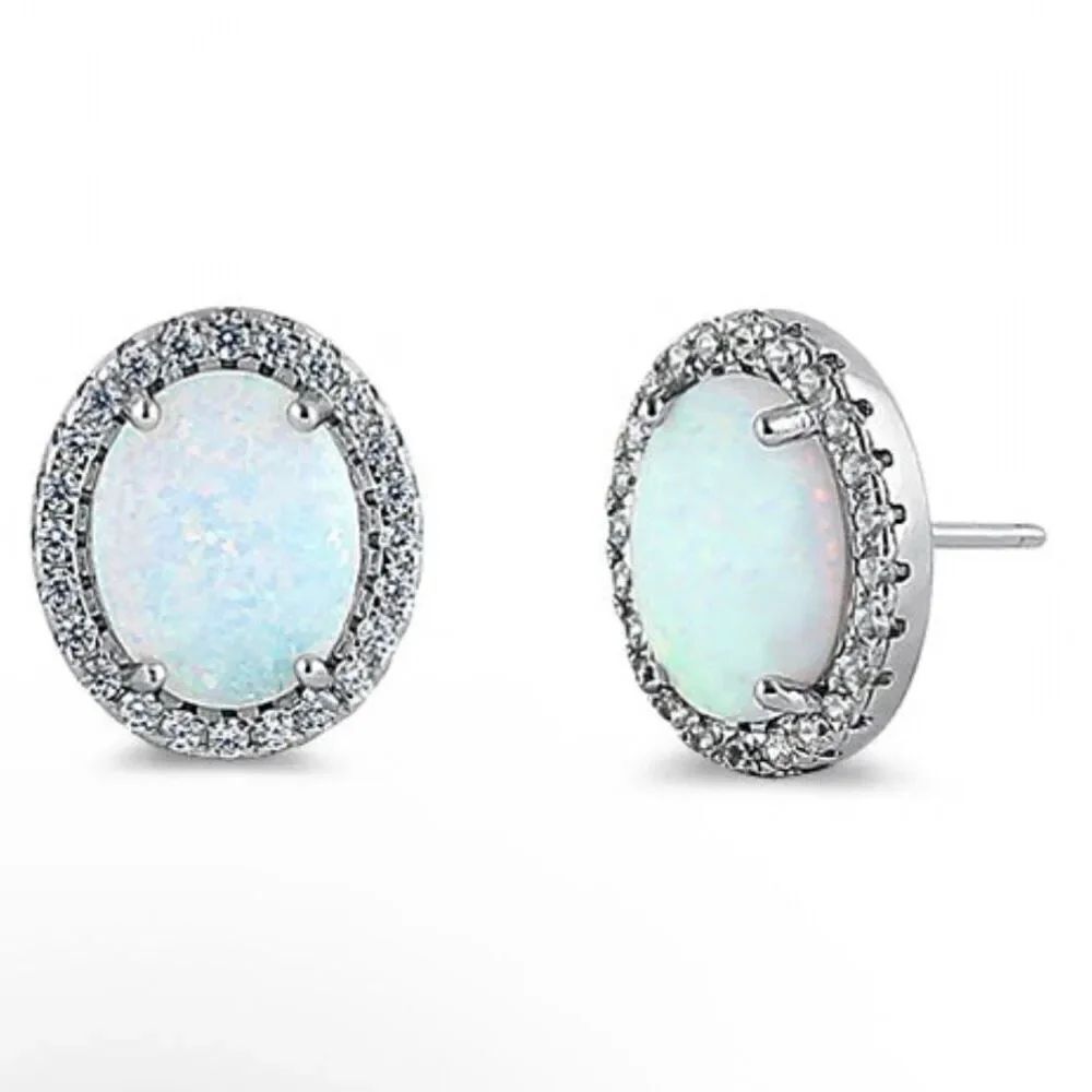 Sterling Silver White Opal & Clear CZ Oval Stud Earrings New